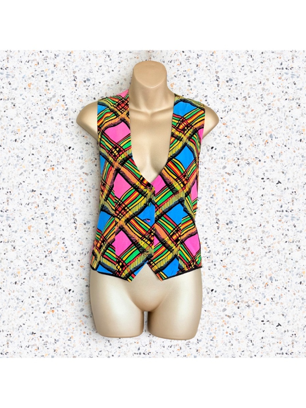 VTG 90s Neon Tartan Plaid Silk Geometric Pop Art Mod Retro Dopamine Vest Sz M